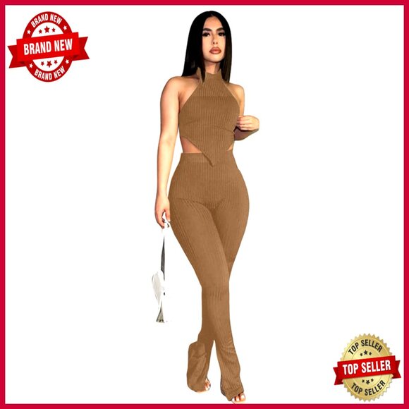 Sleeveless Crop Top High Waist Long Pants Set Ribbed Polyester Spandex - Picture 1 of 7